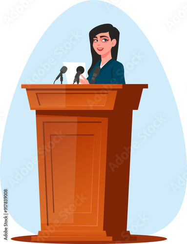 woman performing on stage behind a podium