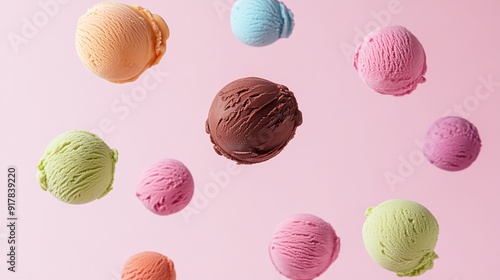 advertising shot flying chocolate berry multicolored ice cream balls isolated on light pink background