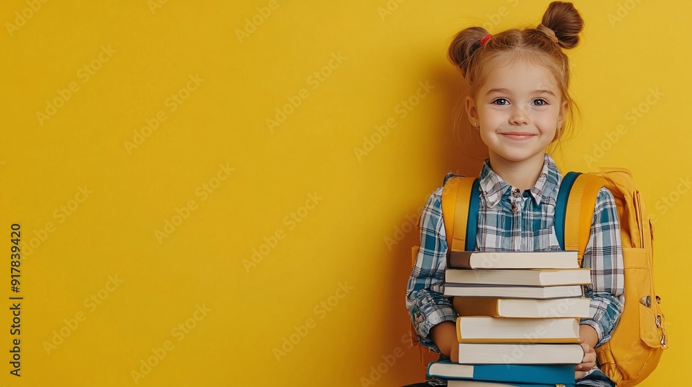 Back To School Concept. Cute Little Schoolgirl Smiling To Camera Sitting With Backpack At Stack Of Books Over Yellow Background Back To School Concept. Cute Little Schoolgirl Smiling To Camera Sitting With Backpack At Stack Of Books Over Yellow Background