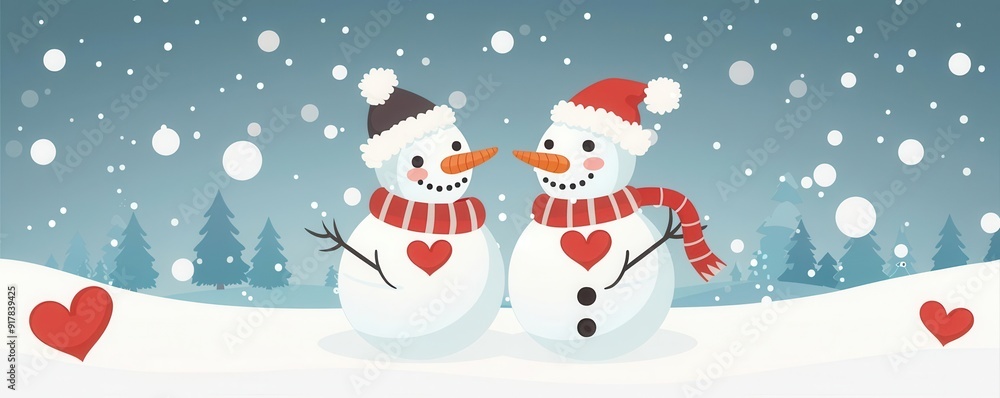 Illustration of cute snowmen wearing hats and scarves, surrounded by snowflakes and hearts, perfect for holiday and winter-themed projects. Illustration of cute snowmen wearing hats and scarves, surrounded by snowflakes and hearts, perfect for holiday and winter-themed projects.