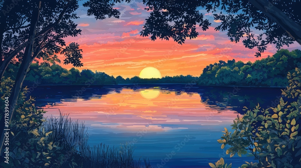 Tranquil sunset over a serene lake, surrounded by lush greenery and reflecting vibrant colors, creating a peaceful atmosphere. Tranquil sunset over a serene lake, surrounded by lush greenery and reflecting vibrant colors, creating a peaceful atmosphere.