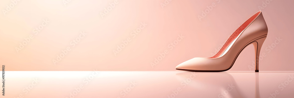 Fototapeta premium Fashion banner with stylish high heels on soft white background, gradient lighting, and copy space for text