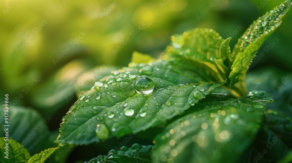A close-up photograph showcasing dew drops clinging to lush green leaves. A close-up photograph showcasing dew drops clinging to lush green leaves.