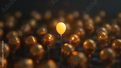 A single yellow balloon stands out from a crowd of golden balloons, symbolizing individuality and standing out from the crowd.
