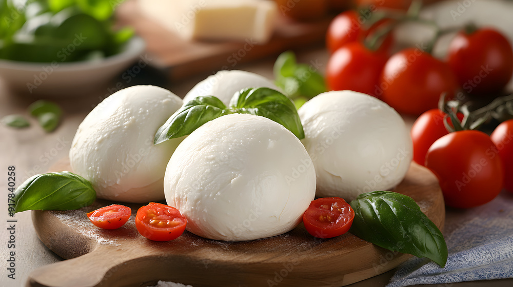 Large balls of Italian mozzarella di Bufala Campana on a chopping board with tomatoes and basil. Large balls of Italian mozzarella di Bufala Campana on a chopping board with tomatoes and basil.