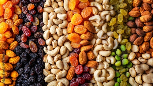colorful assortment of nuts and dried fruits, detailed image highlighting a spread of hazelnuts, sunflower seeds, dried blueberries, and dried cranberries in a visually appealing arrangement