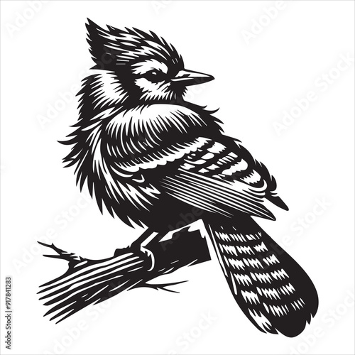 Blue jay Bird Clipart, Cyanocitta cristata silhouette, Blue jay illustration in black and white