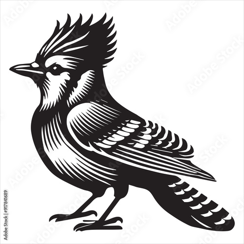 Blue jay Bird Clipart, Cyanocitta cristata silhouette, Blue jay illustration in black and white