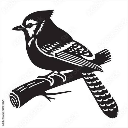 Blue jay Bird Clipart, Cyanocitta cristata silhouette, Blue jay illustration in black and white