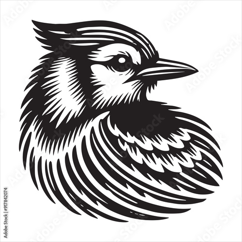 Blue jay Bird Clipart, Cyanocitta cristata silhouette, Blue jay illustration in black and white