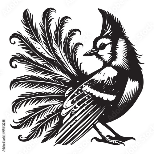 Blue jay Bird Clipart, Cyanocitta cristata silhouette, Blue jay illustration in black and white