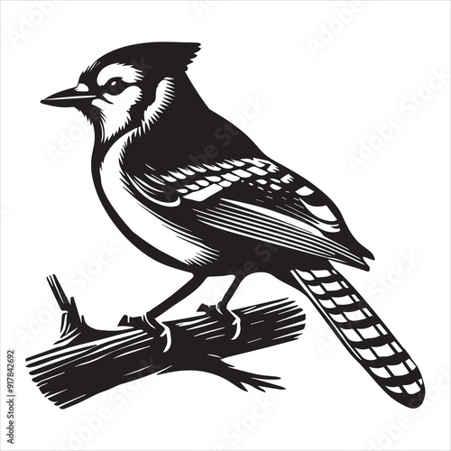 Blue jay Bird Clipart, Cyanocitta cristata silhouette, Blue jay illustration in black and white