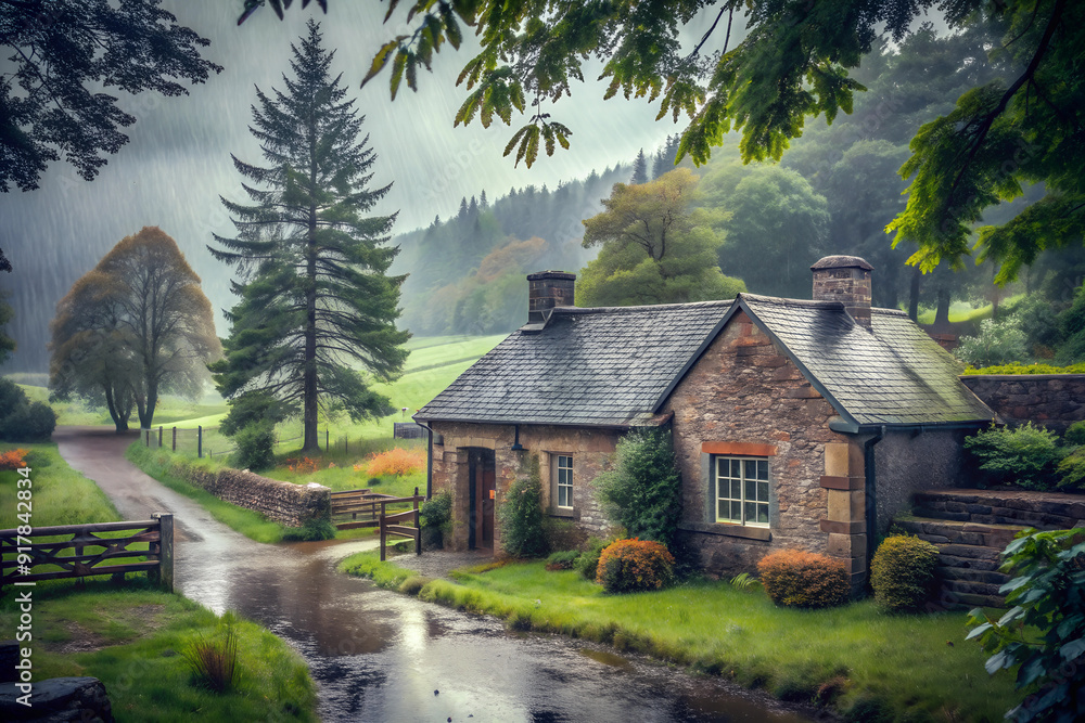 Rainy Day in the Countryside with a Traditional House. Rainy Day in the Countryside with a Traditional House.