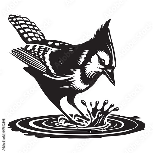 Blue jay Bird Clipart, Cyanocitta cristata silhouette, Blue jay illustration in black and white