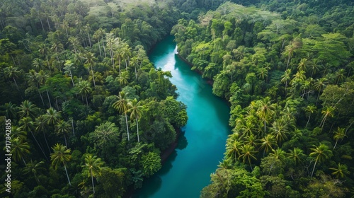 Aerial View of a Serene River Winding Through Lush Tropical Forest