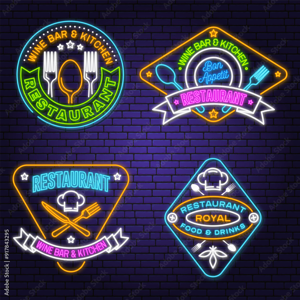 Fototapeta premium Set of Restaurant logo. Vector Illustration. Neon glowing sign with plate, steak, cloche with lid, fork and knife. Cooking, cuisine logo for menu restaurant or cafe.