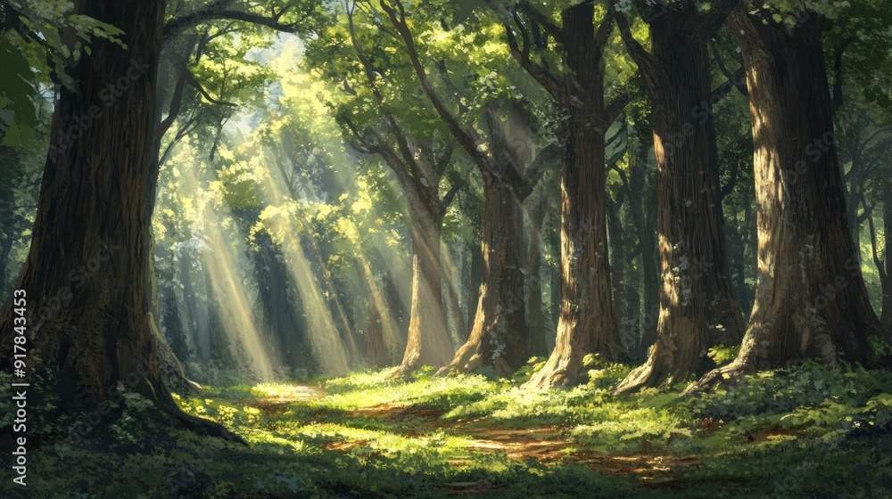 Obraz premium Sunbeams Filtering Through a Dense Forest Canopy