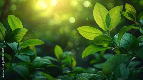 A close-up shot of green leaves illuminated by the sun, creating a vibrant and lush scene.