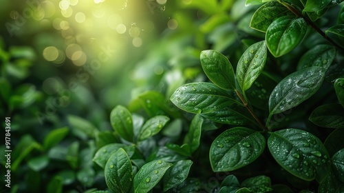 A close-up shot of green leaves illuminated by the sun, creating a vibrant and lush scene.