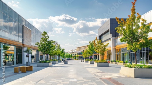 A large shopping center with a lot of trees and benches photo