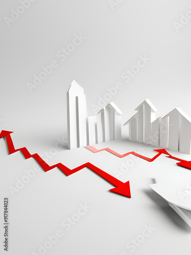 3D bar chart with red arrow soaring upwards, symbolizing financial success and market growth