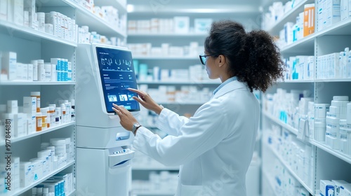 A futuristic pharmacy with AIpowered medication dispensers and virtual consultation screens, future healthcare, pharmacy innovation