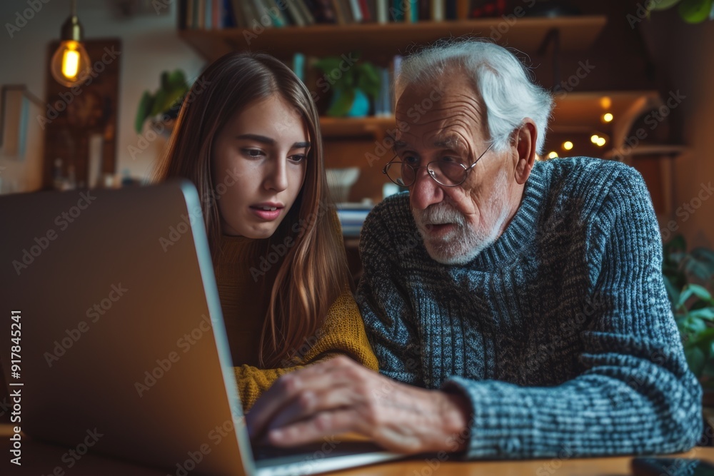 Grown-up daughter and old 80s father choose goods or services via internet or web surfing together at home. Younger generation caring about older relatives teaching using computer useful apps concept Grown-up daughter and old 80s father choose goods or services via internet or web surfing together at home. Younger generation caring about older relatives teaching using computer useful apps concept