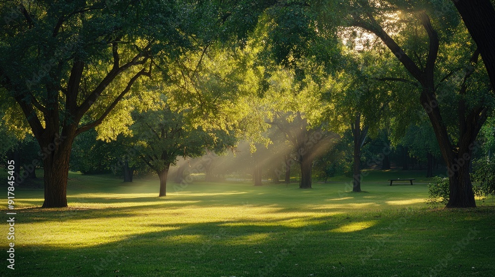Obraz premium Gentle morning light streaming through the trees in a peaceful park, casting a serene glow over the quiet surroundings.