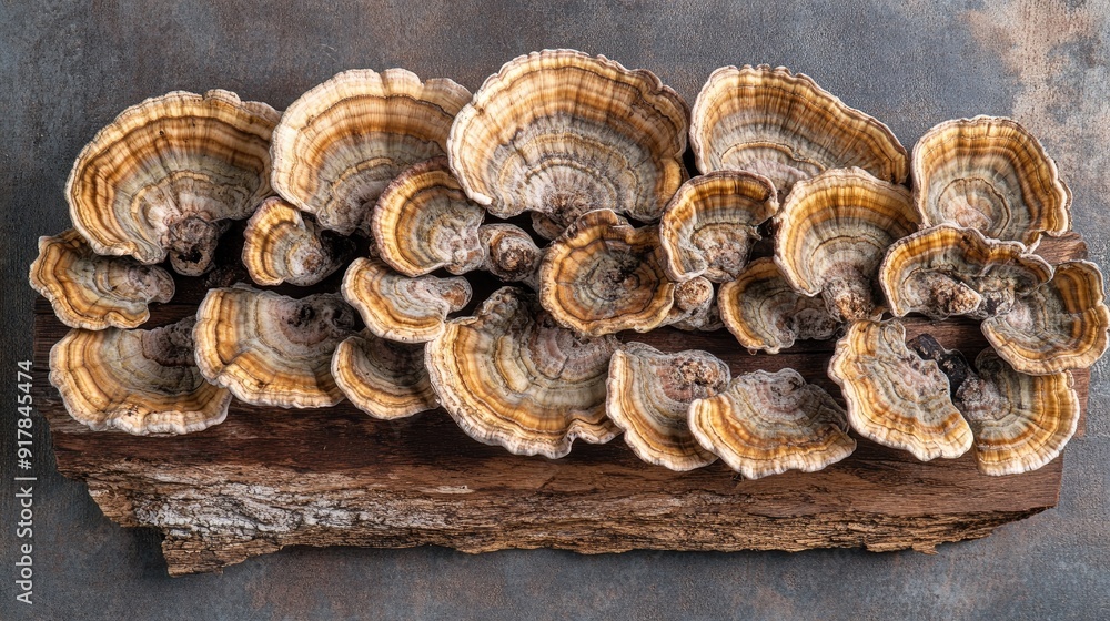 Freshly picked turkey tail mushrooms arranged on a wooden board, emphasizing their organic quality and natural look. Freshly picked turkey tail mushrooms arranged on a wooden board, emphasizing their organic quality and natural look.