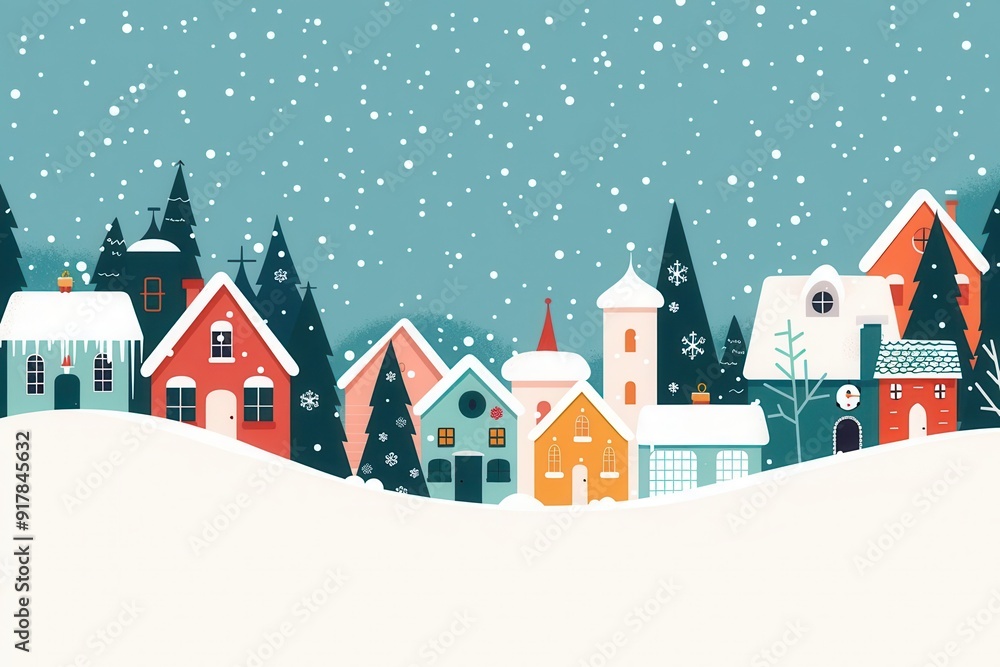 Snowy Christmas village, serene setting, flat design illustration Snowy Christmas village, serene setting, flat design illustration