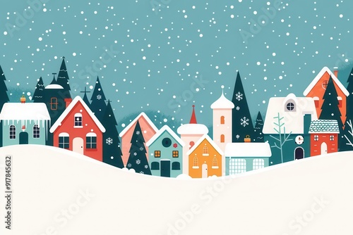 Snowy Christmas village, serene setting, flat design illustration