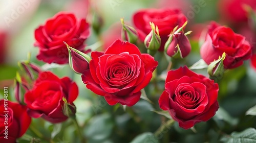 Fototapeta Naklejka Na Ścianę i Meble -  lovely red roses adorning a rose bush and gathered into a stunning bouquet of red blooms