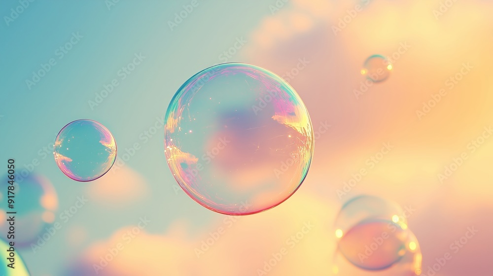 A Collection of Colorful Bubbles Against a Pastel Sky A Collection of Colorful Bubbles Against a Pastel Sky
