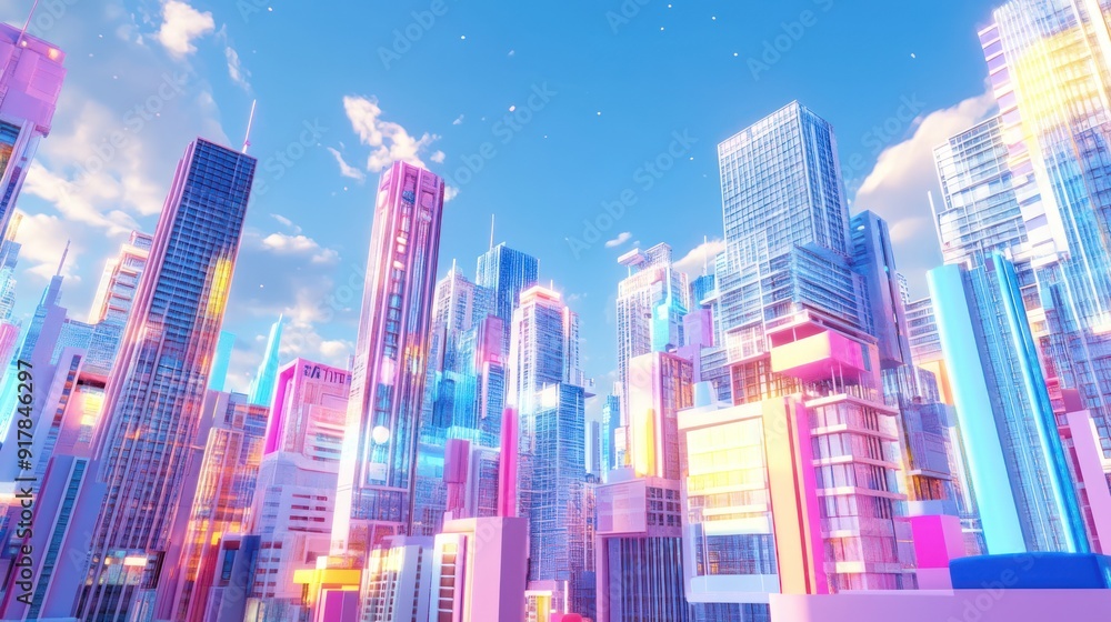 Fototapeta premium Colorful Cityscape with Glassy Skyscrapers and Blue Sky