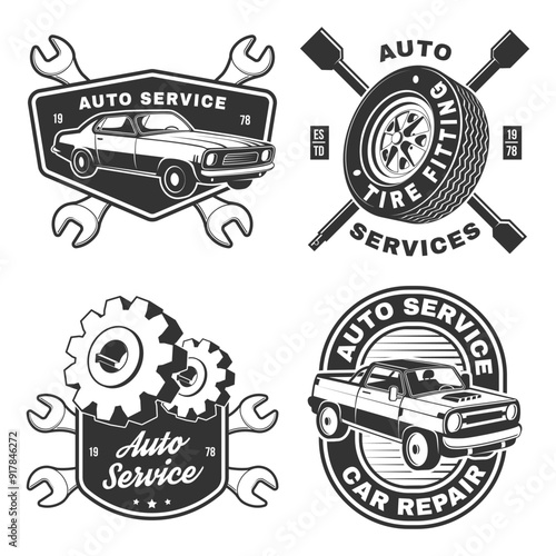 Set of auto service logo, emblems, badges and icons. Vector. Service car repair, restoration and car club design elements.