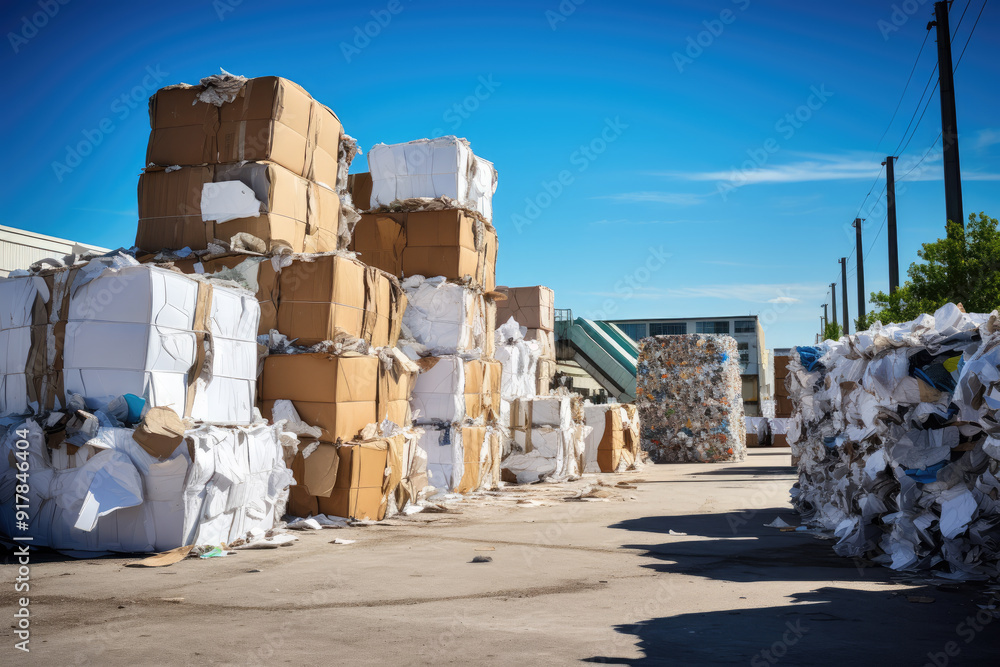 Paper and cardboard bales waiting for recycling process in recycling center Paper and cardboard bales waiting for recycling process in recycling center