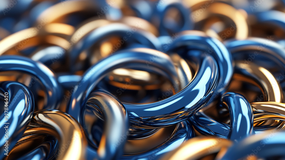 3D rendering abstract background composed of blue and gold glossy connected rings, intricate and sophisticated design 3D rendering abstract background composed of blue and gold glossy connected rings, intricate and sophisticated design