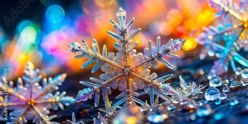 Intricate crystalline network of glittering ice crystals suspended in frozen air, refracting light into a kaleidoscope of colors, evoking wonder and scientific curiosity. photo