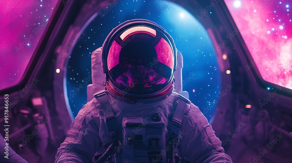 The astronaut is looking at the huge illuminator and an unknown spaceship interior at an empty galaxy The astronaut is looking at the huge illuminator and an unknown spaceship interior at an empty galaxy