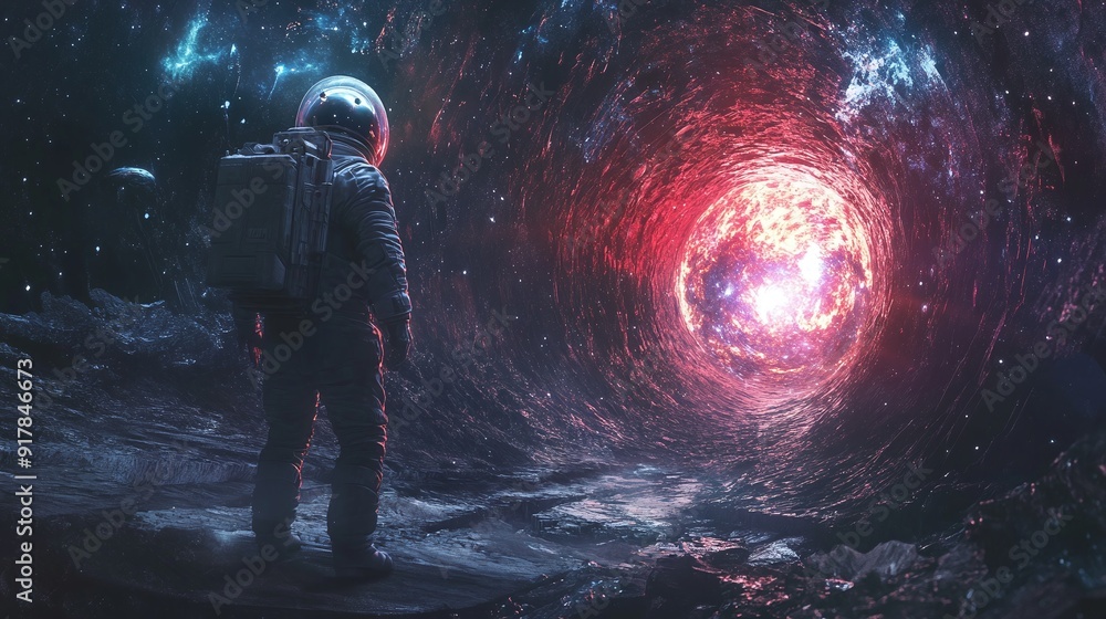 The astronaut is looking at the huge illuminator and an unknown spaceship interior at an empty galaxy The astronaut is looking at the huge illuminator and an unknown spaceship interior at an empty galaxy