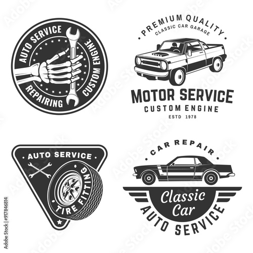 Set of auto service logo, emblems, badges and icons. Vector. Service car repair, restoration and car club design elements.