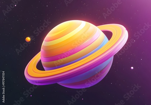 Colorful 3D planet with rings in a starry sky.