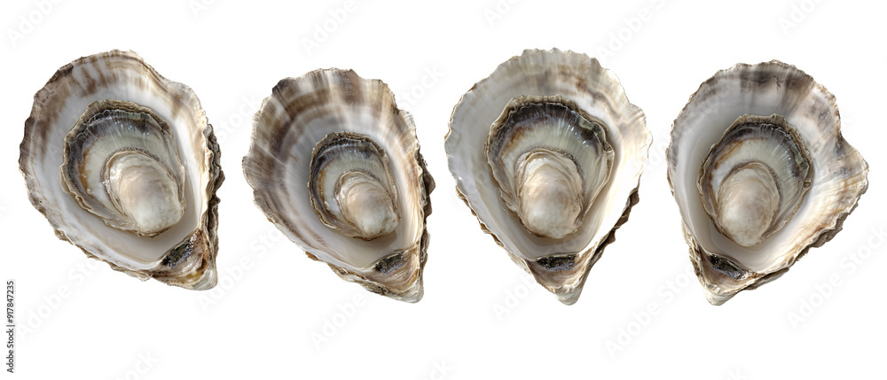 Four Raw Oysters Isolated on Black Background, Ready to Eat Four Raw Oysters Isolated on Black Background, Ready to Eat