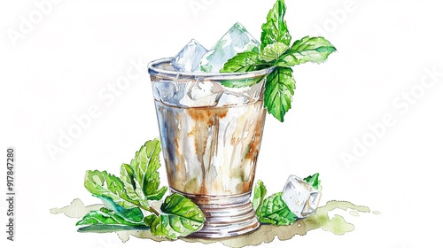 Mint julep glass with a mint sprig,Clipart, watercolor illustration, Perfect for nursery art The style is hand  drawn, white background