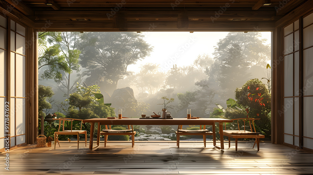 Fototapeta premium Japanese style house interior, dining room background frame mockup, 3d render