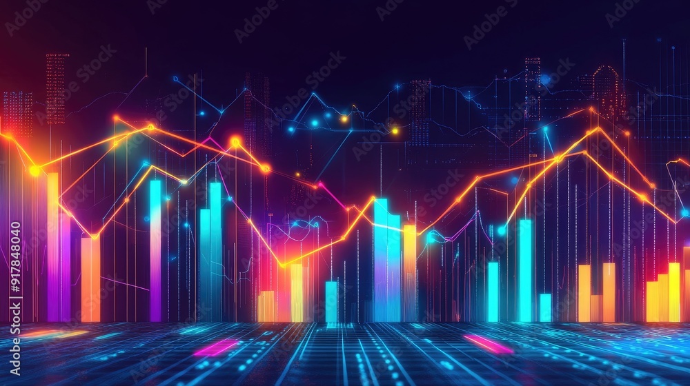 Abstract depiction of financial graphs and charts in neon colors Abstract depiction of financial graphs and charts in neon colors