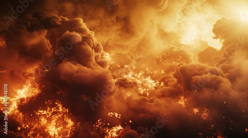 Intense battlefield scene with chaotic fire and smoke, enhanced by cinematic lighting photo