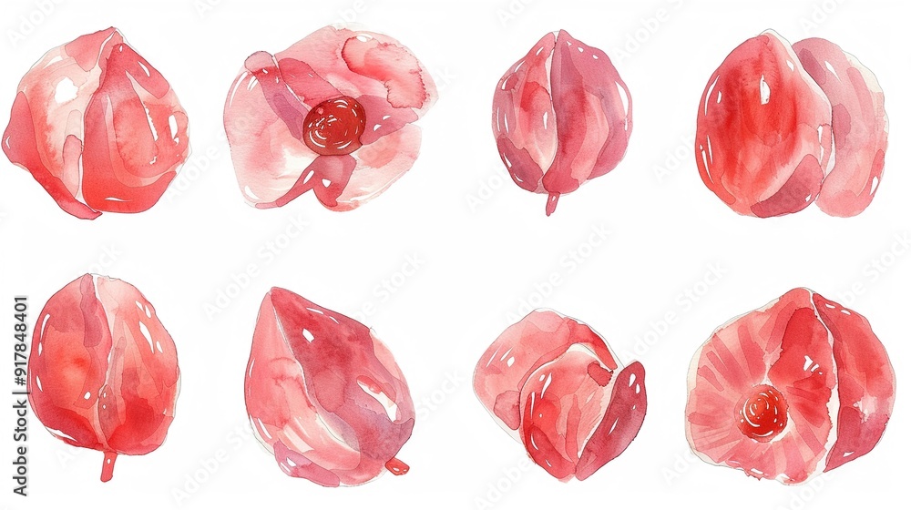 Umeboshi (pickled plum) candies in cute shapes,Clipart, watercolor illustration, Perfect for nursery art The style is hand drawn, white background Umeboshi (pickled plum) candies in cute shapes,Clipart, watercolor illustration, Perfect for nursery art The style is hand drawn, white background