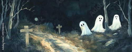 Spooky haunted trail, ghostly markers, eerie night, Watercolor style photo