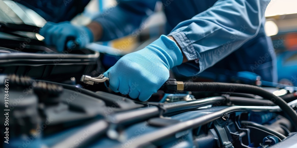Close-up of a technician examining a car's cooling system, with attention to hoses and radiators, emphasizing the importance of maintaining proper engine temperatures Close-up of a technician examining a car's cooling system, with attention to hoses and radiators, emphasizing the importance of maintaining proper engine temperatures